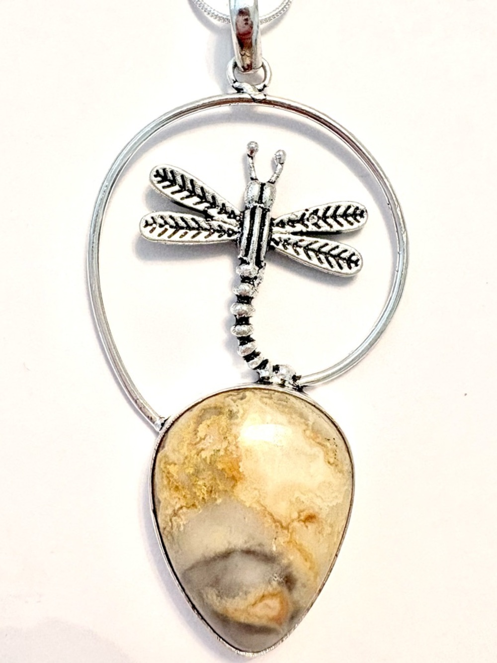 3 inch, Crazy Lace Agate, and Dragonfly, 925 marked pendant on a silver chain.